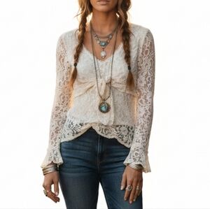 Zena Jeans Vintage Cream Floral Lace Bow Front Top Long Sleeve Small Y2K